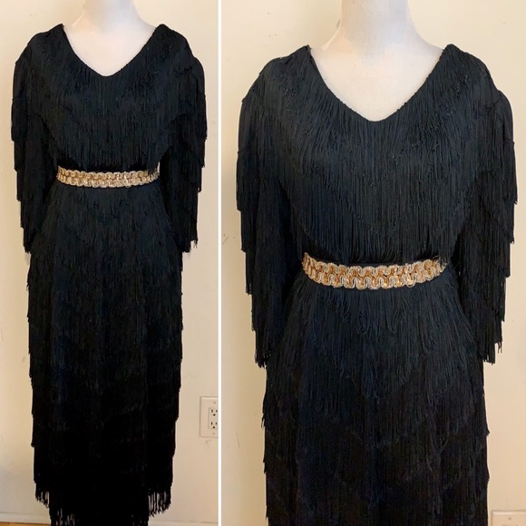 SOLD! VINTAGE FRINGE COCKTAIL DRESS BLACK - Picture 1 of 8